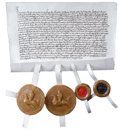 Replica of the Corporate Charter of Heidelberg University with four wax seals