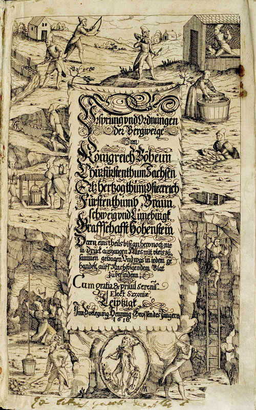 Titelblatt mit Bergbaulandschaft und Signet des Verlegers Henning Grosse d. J.