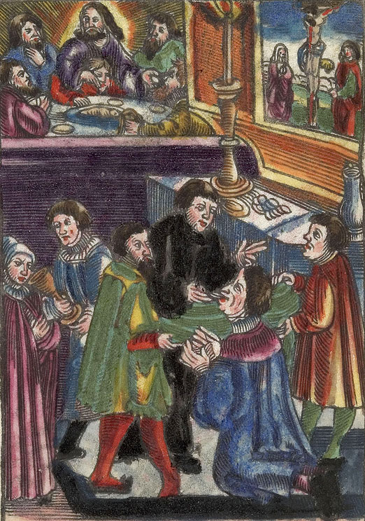 Kolorierter Holzschnitt auf Pergament: Kommunion des Kurfürsten August von Sachsen