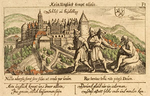 Abb.: Meisner, Daniel: Schloss zu Heidelberg, im Vordergrund Allegorie des Unglücks, 1623.