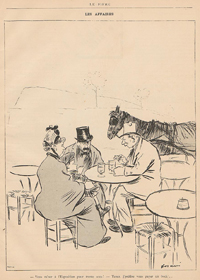 Zeichnung: Zwei Herren und eine Frau mit Kind auf dem Schoß im Café. Im Hintergrund steht ein Gaul.