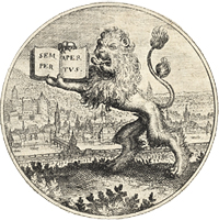 Emblem 'Semper apertus': lion standing in front of city of Heidelberg