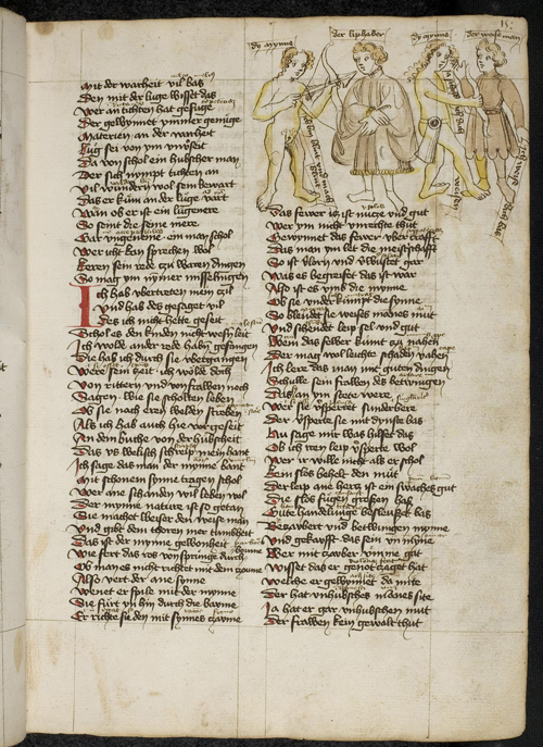 Dy mynne mit Pfeil und Bogen im „Welschen Gast” des Thomasin von Zerklaere, um 1420