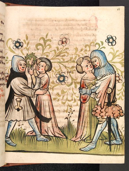 Kranzreichung und Kuss im „Rosengarten zu Worms”, um 1420 