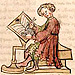 Schreiber mit Griffel an einem Pult mit Tintengefäß (Cpg 359, fol. 66r); Ausschnitt