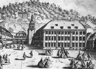Heidelberg, Universitätsplatz von Süden (B. de la Rocque, 1758)